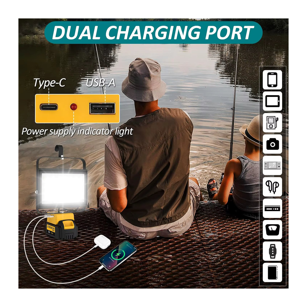 Tragbare Arbeitsleuchte mit Haken und 112 LEDs, 6500 Lumen wiederaufladbare Camping-Flutlichtlampe für Notfälle, kompatibel mit DeWalt und Makita - Bild 3