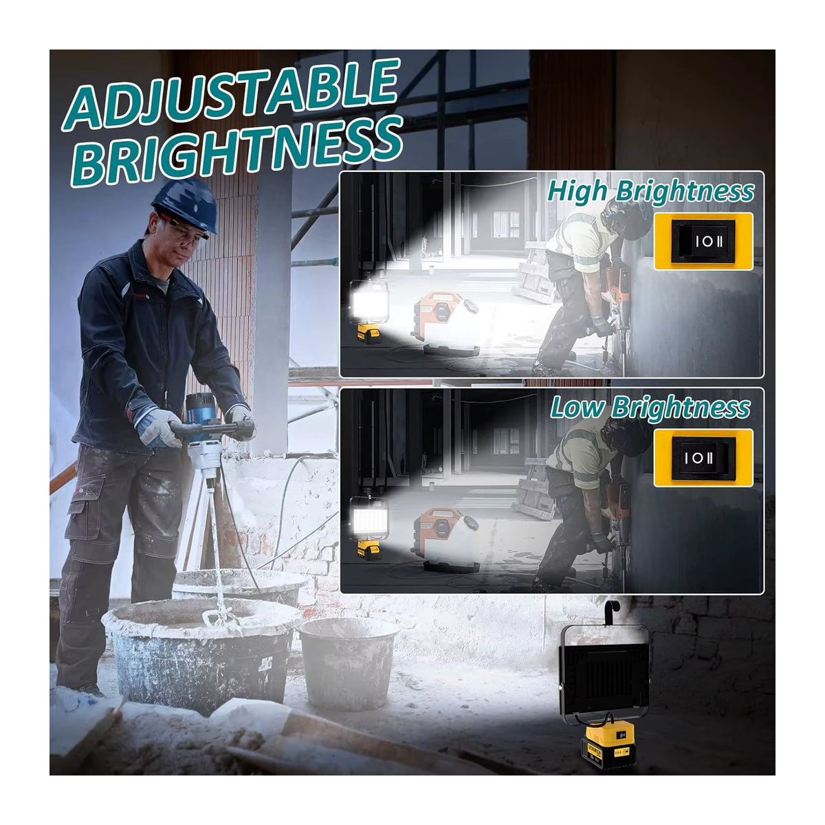 Tragbare Arbeitsleuchte mit Haken und 112 LEDs, 6500 Lumen wiederaufladbare Camping-Flutlichtlampe für Notfälle, kompatibel mit DeWalt und Makita - Bild 4