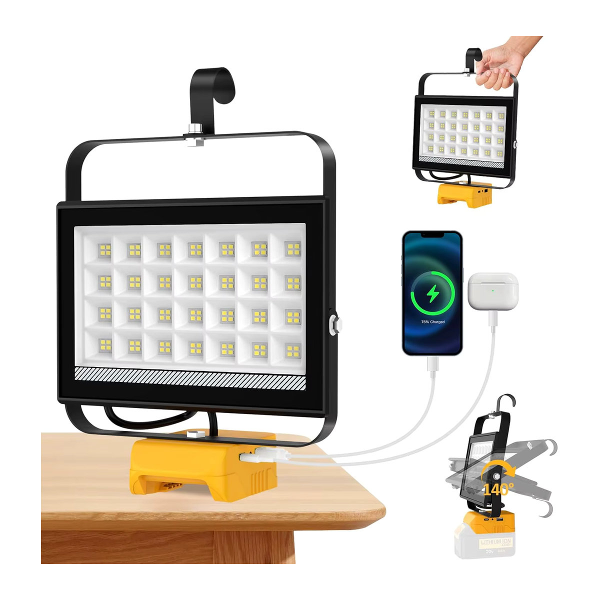 Tragbare Arbeitsleuchte mit Haken und 112 LEDs, 6500 Lumen wiederaufladbare Camping-Flutlichtlampe für Notfälle, kompatibel mit DeWalt und Makita - Bild 5