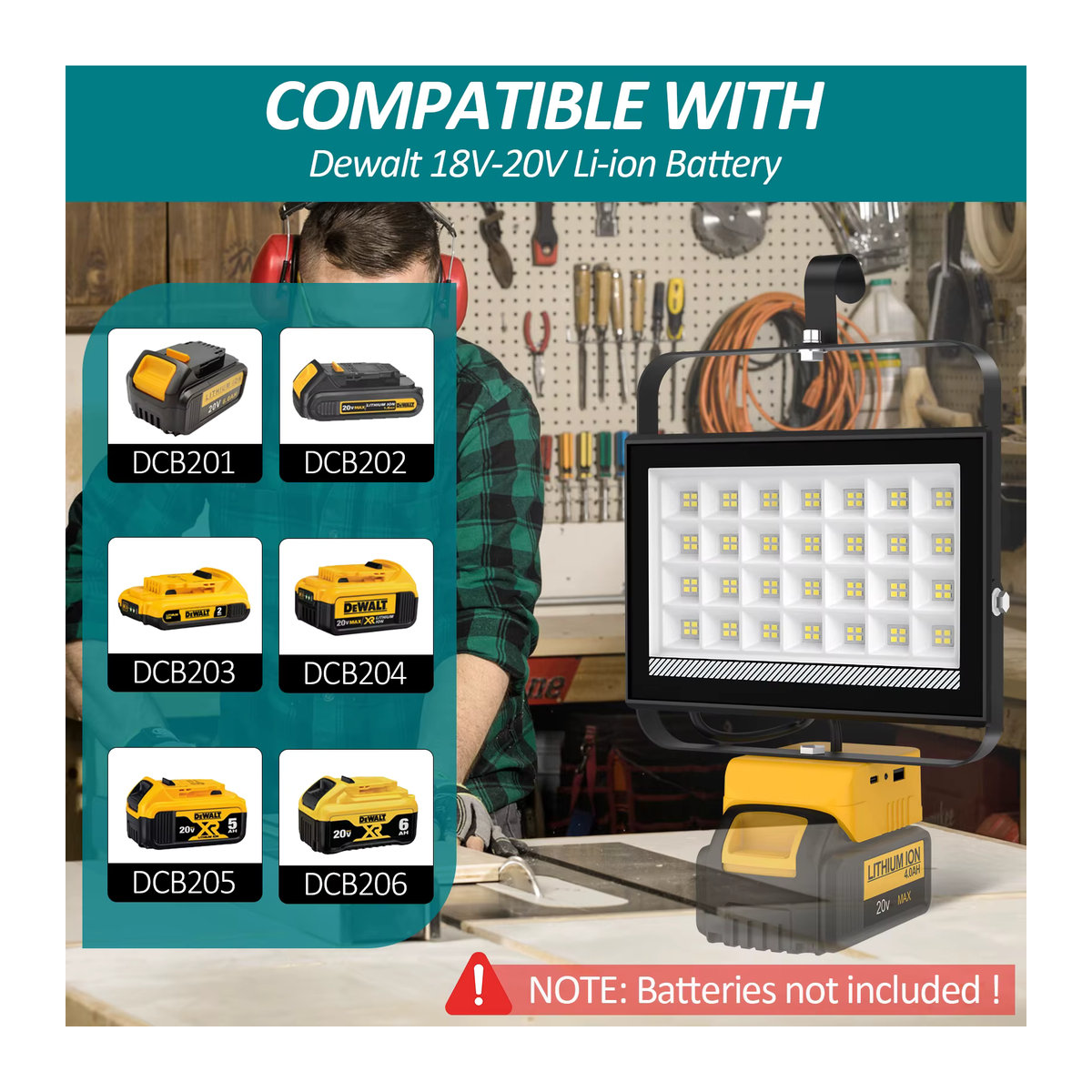 Tragbare Arbeitsleuchte mit Haken und 112 LEDs, 6500 Lumen wiederaufladbare Camping-Flutlichtlampe für Notfälle, kompatibel mit DeWalt und Makita - Bild 6