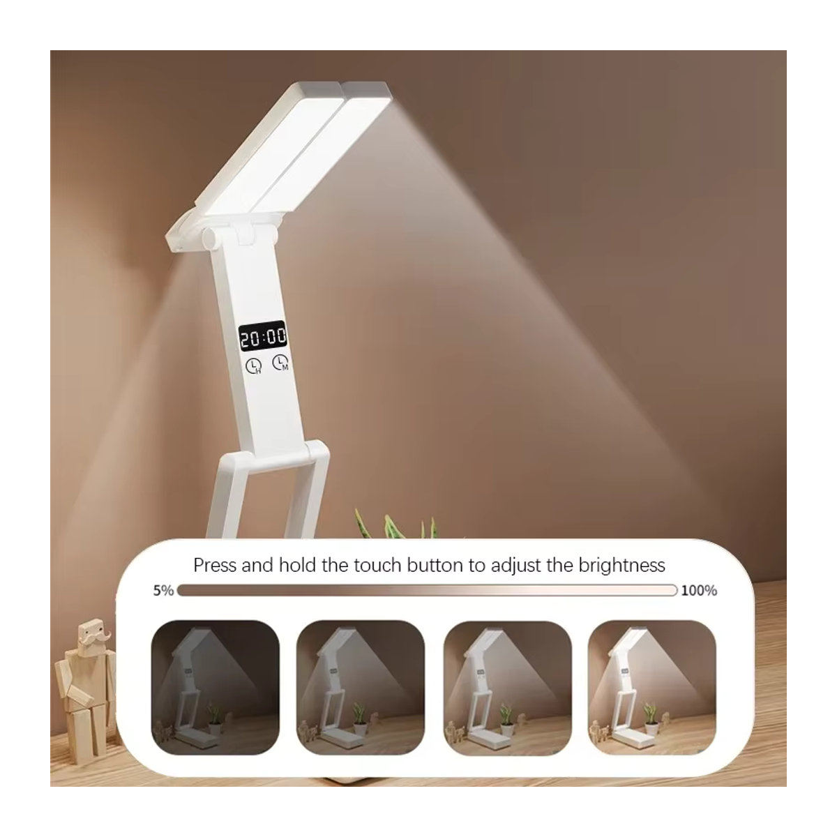 Tragbare faltbare LED-Leseleuchte mit Uhr in Weiß, wiederaufladbare USB-Studylampe im minimalistischen Design - Bild 3