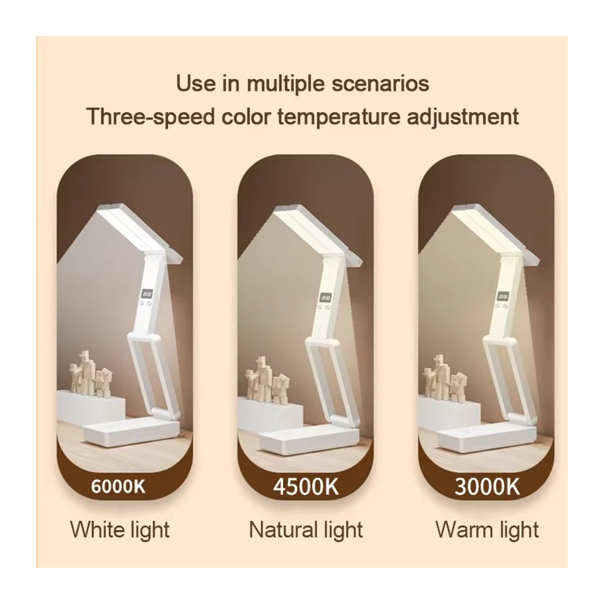 Tragbare faltbare LED-Leseleuchte mit Uhr in Weiß, wiederaufladbare USB-Studylampe im minimalistischen Design - Bild 4