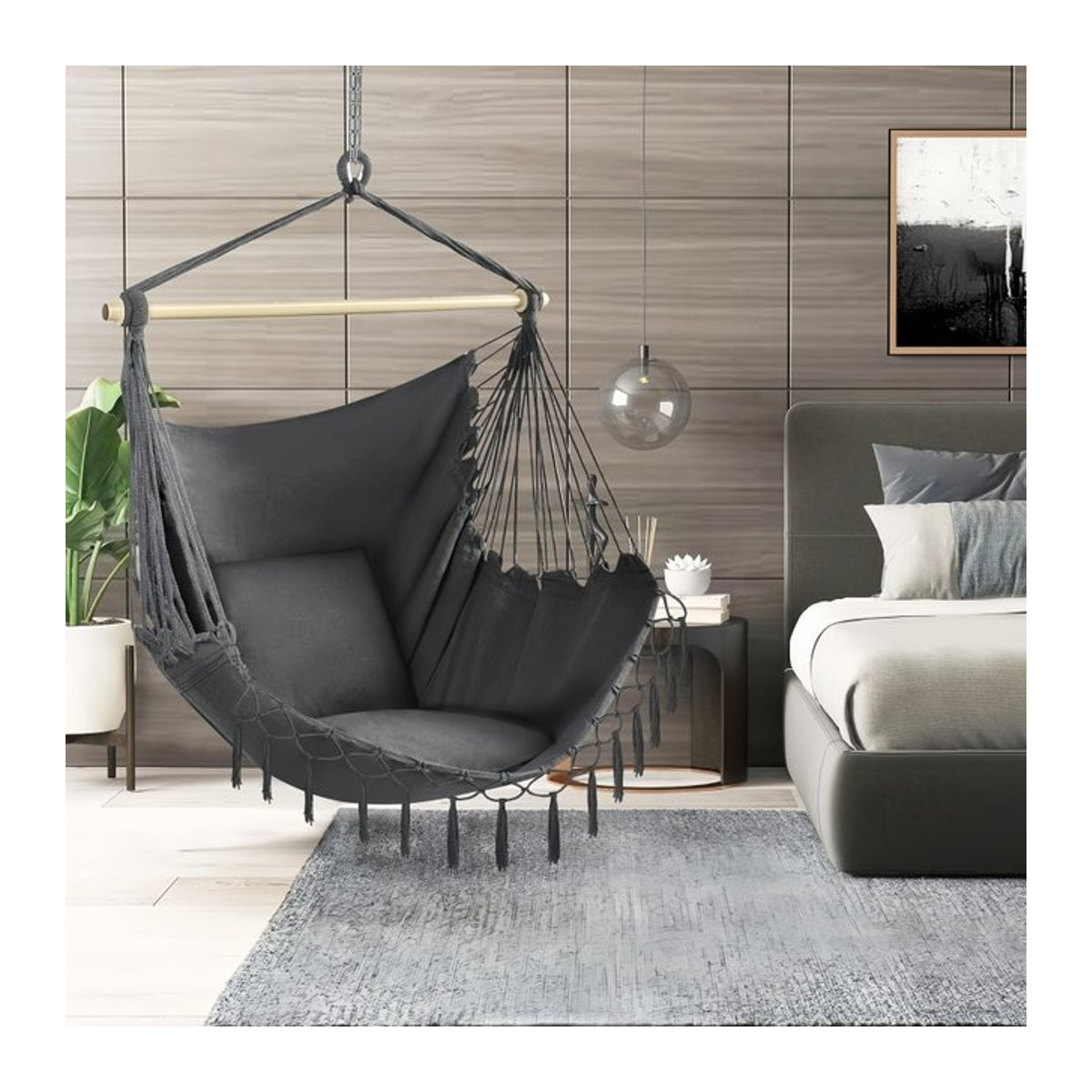 Tragbare Hängematte im Bohemian-Stil aus Leinen, Grau, faltbar für Outdoor und Indoor - Bild 1