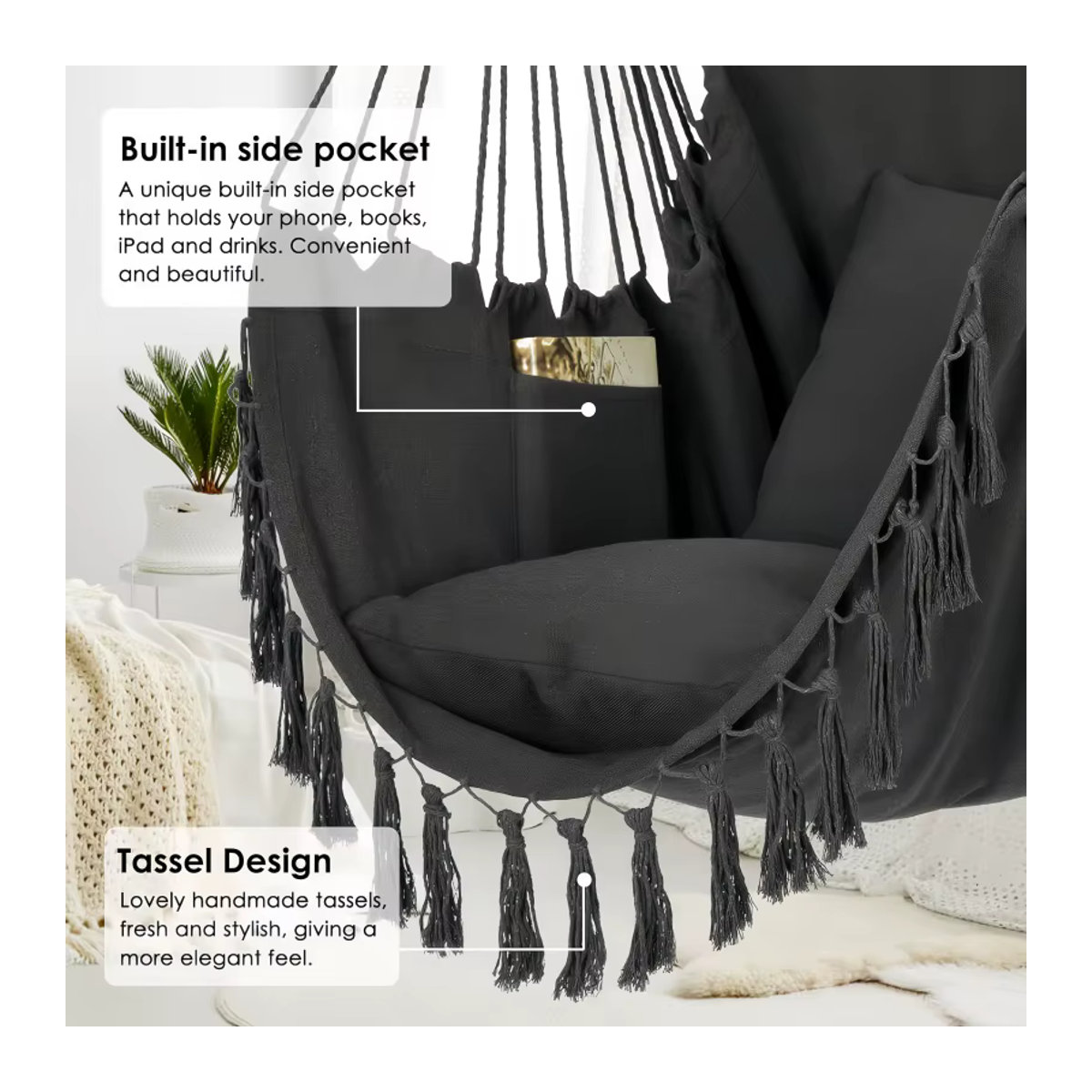 Tragbare Hängematte im Bohemian-Stil aus Leinen, Grau, faltbar für Outdoor und Indoor - Bild 2