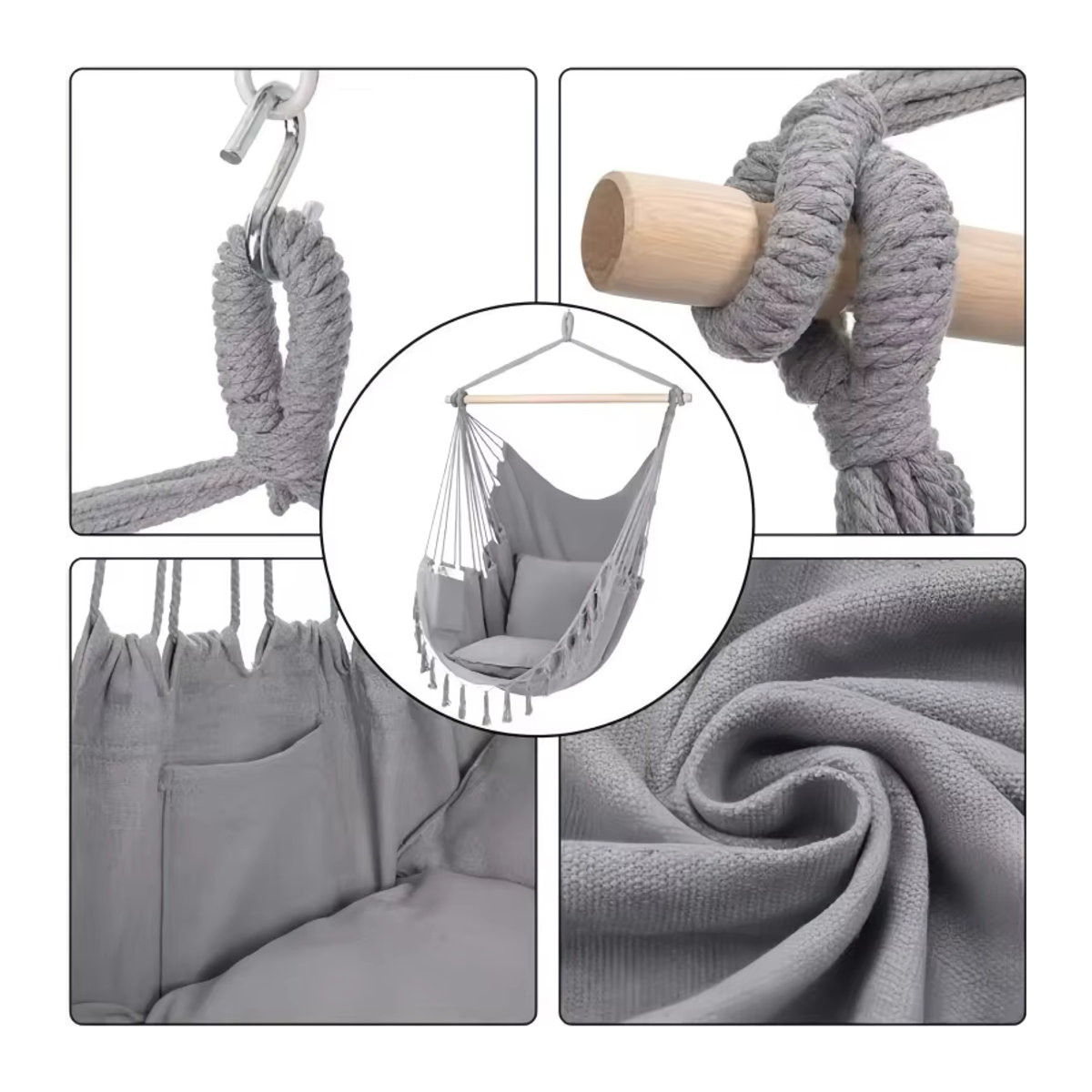 Tragbare Hängematte im Bohemian-Stil aus Leinen, Grau, faltbar für Outdoor und Indoor - Bild 3
