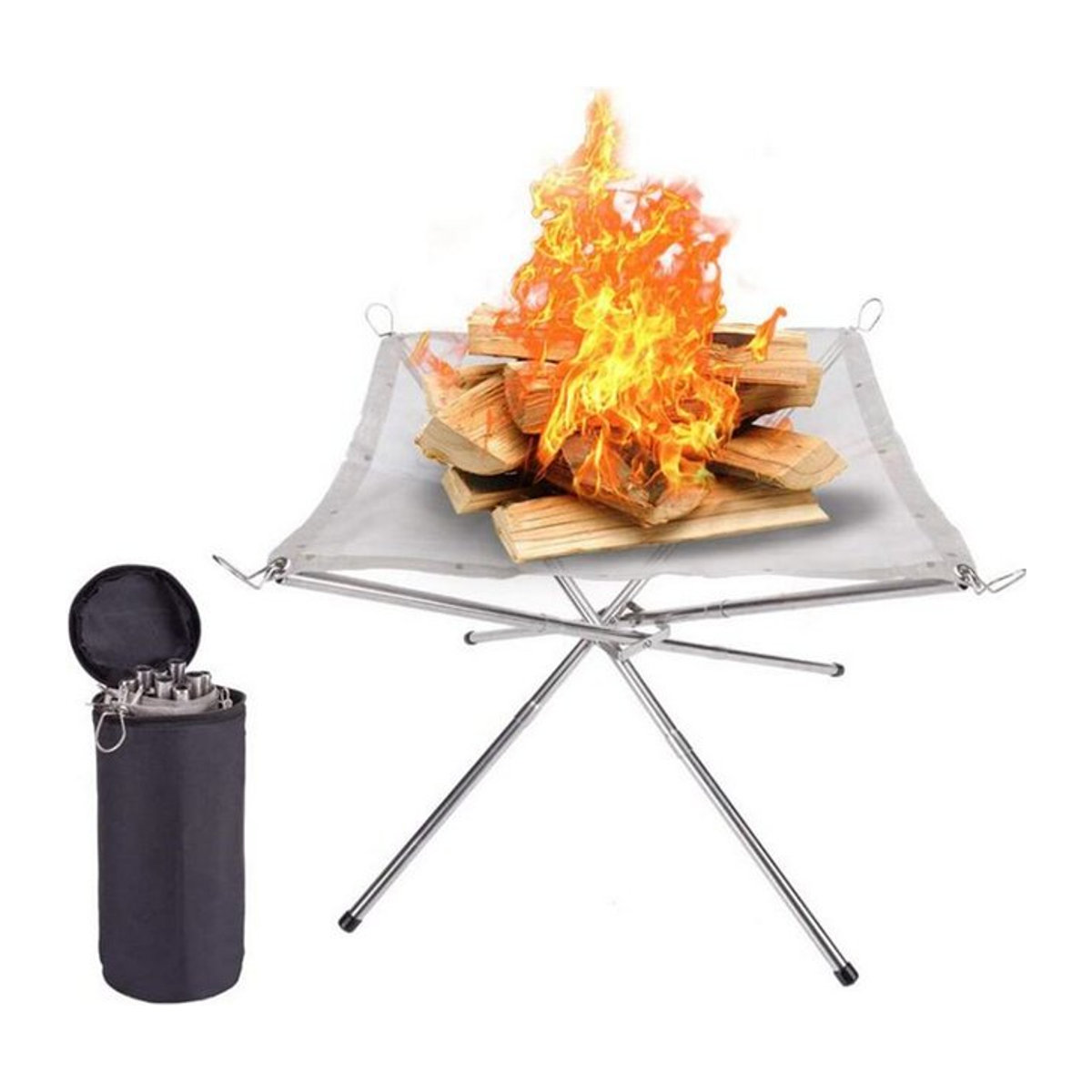 Tragbare Outdoor-Feuerstelle aus silbernem Stahlgeflecht zum Zusammenklappen für Camping und Garten - Bild 1