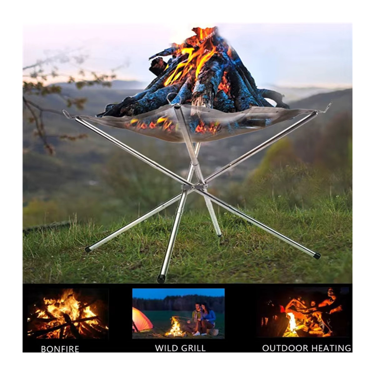 Tragbare Outdoor-Feuerstelle aus silbernem Stahlgeflecht zum Zusammenklappen für Camping und Garten - Bild 2