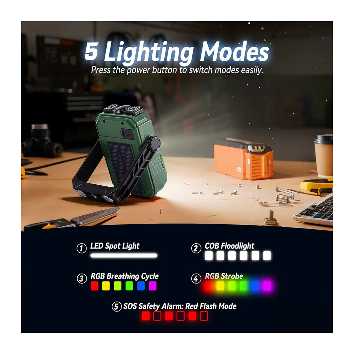 Tragbare Solar-Campinglampe mit Magnet und verstellbarem Halter, wiederaufladbare LED-Outdoor-Laterne für Zelt, Wandern und Notfälle - Bild 2