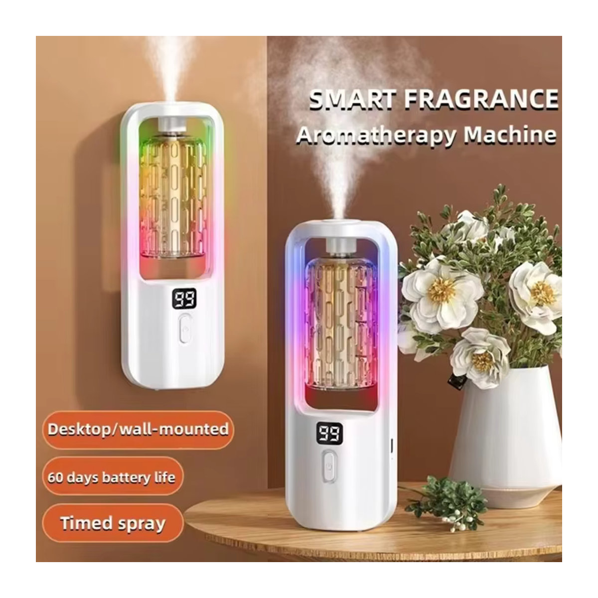 Tragbarer Aroma-Diffusor in Weiß für ätherische Öle, wandmontierter Luftbefeuchter und Lufterfrischer im modernen geometrischen Design - Bild 3
