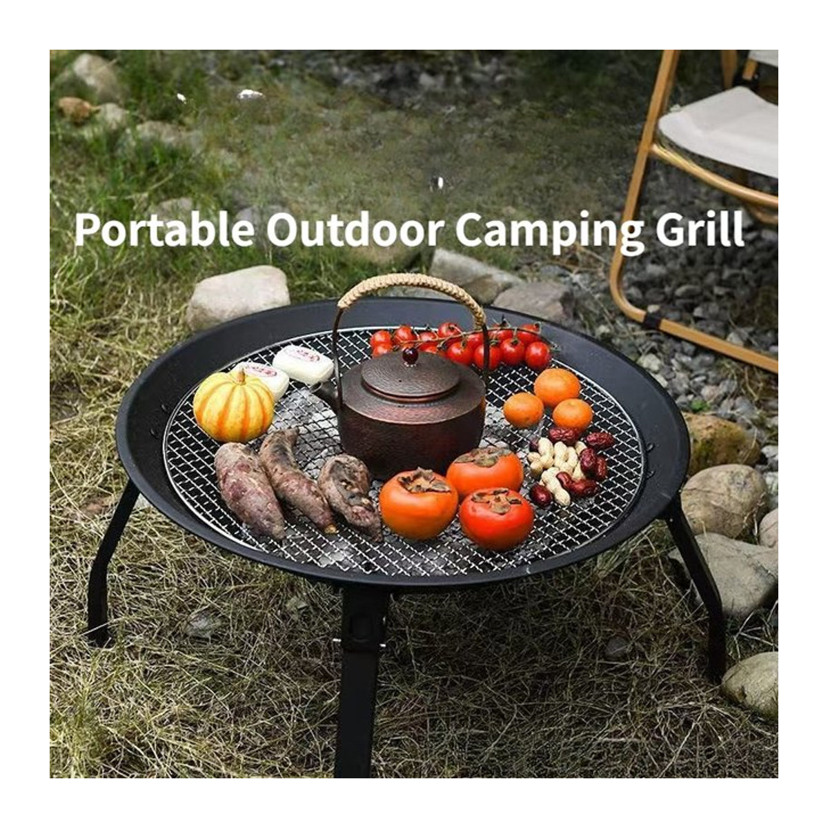 Tragbarer Holzkohlegrill aus Metall in Schwarz für Camping und Picknick - Bild 1
