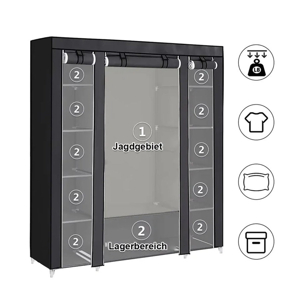 Tragbarer Kleiderschrank Kleiderorganizer aus Vliesstoff von LONENESSL in Anthrazit und Schwarz, H x B x T: 175 x 150 x 45 cm - Bild 2