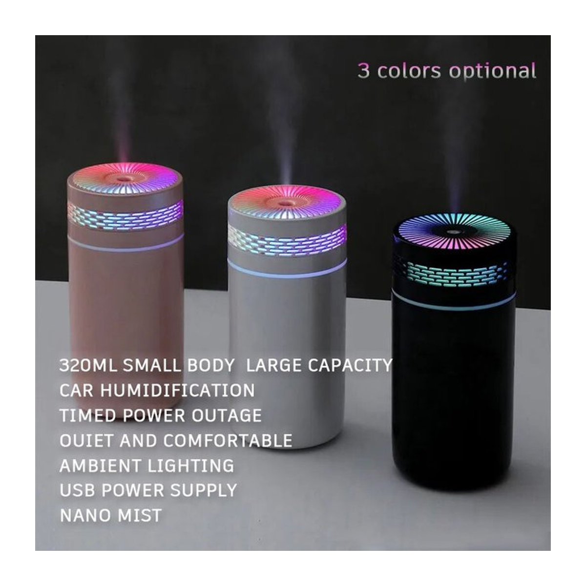 Tragbarer Mini Luftbefeuchter für Auto und Reise mit LED-Licht und USB-Anschluss, 250 ml, Pink und Mehrfarbig - Bild 1