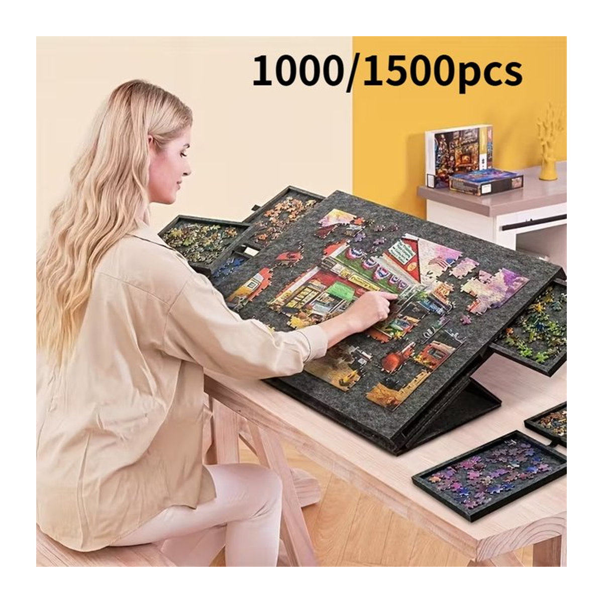 Tragbarer Puzzeltisch in Grau mit 6 Schubladen und höhenverstellbarer Oberfläche für bis zu 1500 Teile - Bild 1
