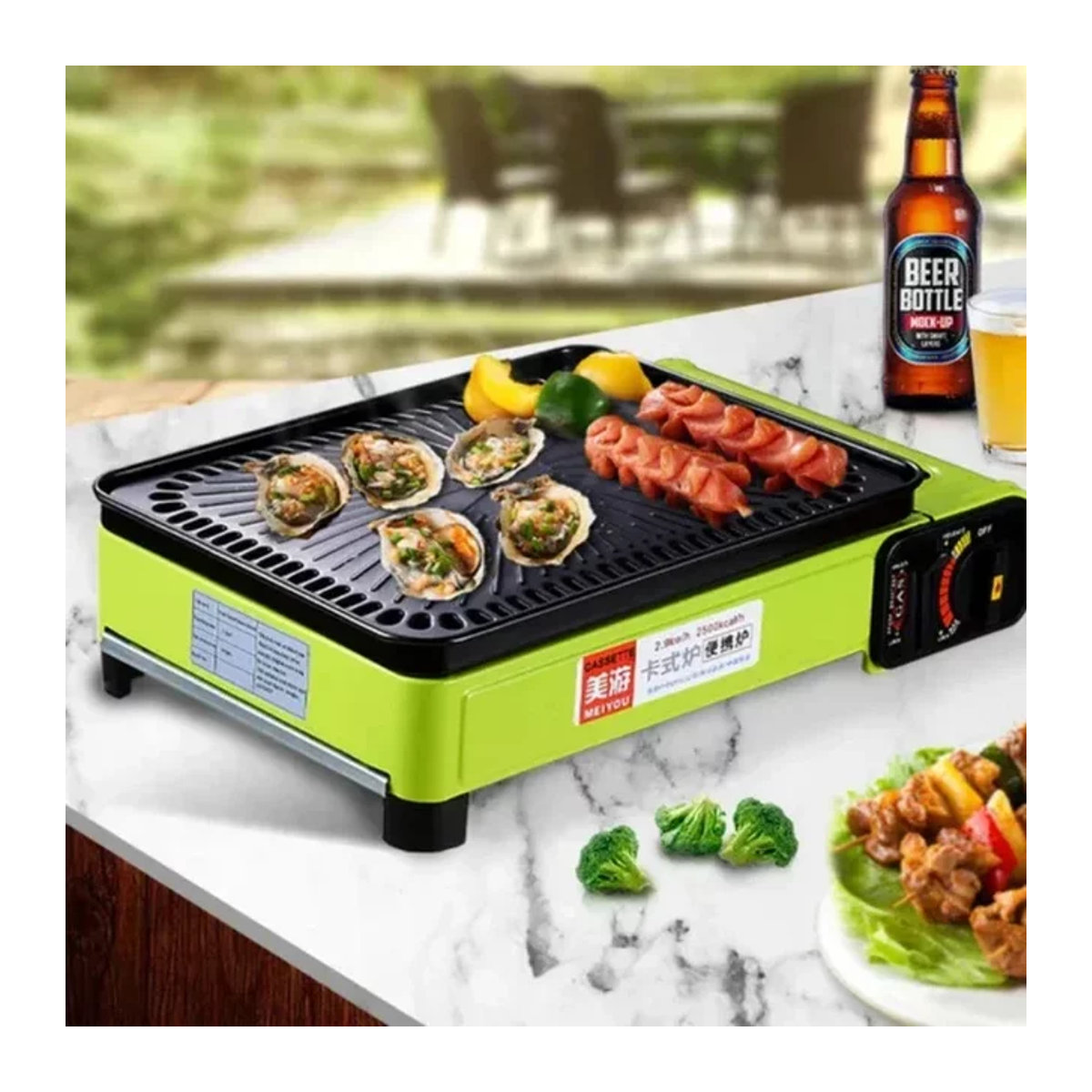 Tragbarer rauchfreier Gasgrill im koreanischen Stil als kompakte Outdoor-Kocheinheit in Grün - Bild 1