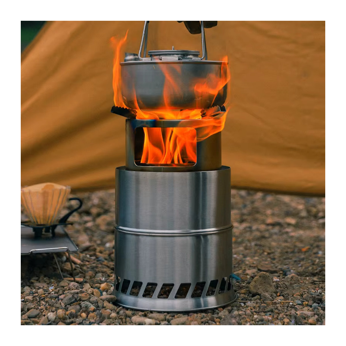 Tragbarer runder Holzofen aus Edelstahl für Outdoor und Camping mit Holzkohle oder Holz - Bild 4