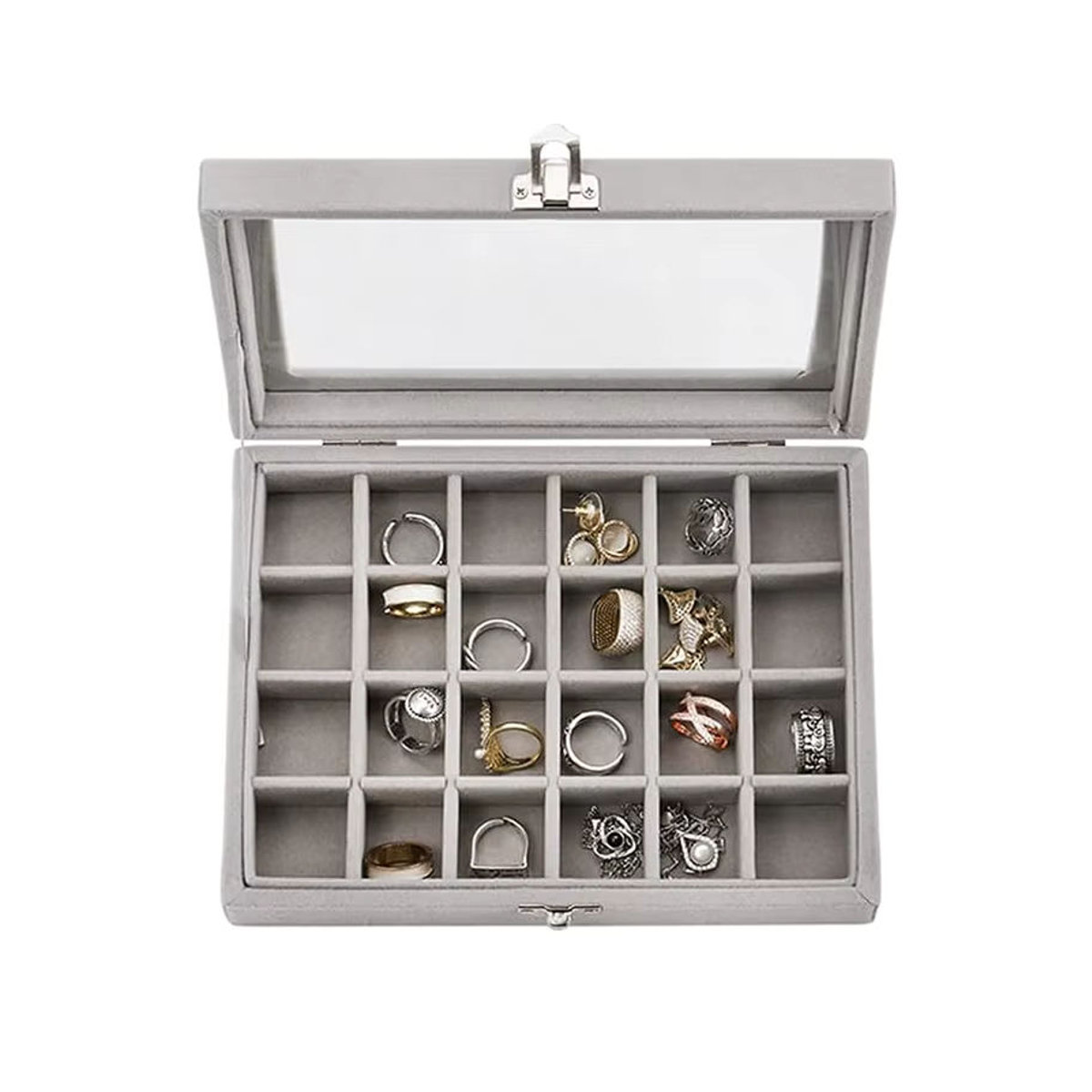 Tragbarer Schmuck-Organizer aus Samt in Grau für Ringe, Ohrringe und Schmuckdisplay - Bild 3