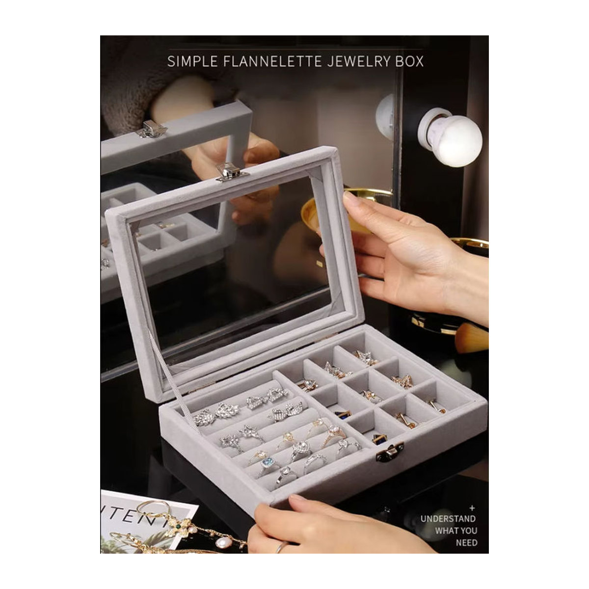 Tragbarer Schmuck-Organizer aus Samt in Grau für Ringe, Ohrringe und Schmuckdisplay - Bild 5