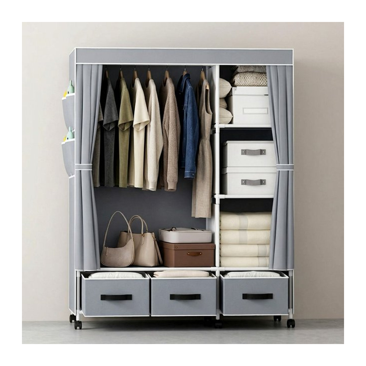 Tragbarer Stoff-Kleiderschrank aus Canvas mit Hängeregalen und Schubladen, Staubdicht, Schwarz oder Grau, Minimalistisches Design - Bild 1