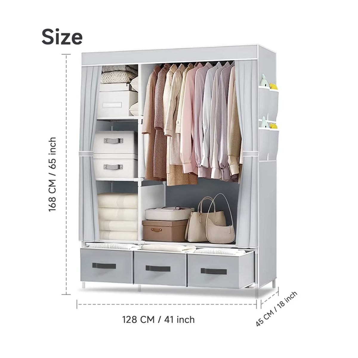 Tragbarer Stoff-Kleiderschrank aus Canvas mit Hängeregalen und Schubladen, Staubdicht, Schwarz oder Grau, Minimalistisches Design - Bild 3