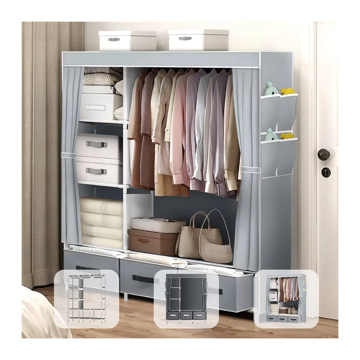 Tragbarer Stoff-Kleiderschrank aus Canvas mit Hängeregalen und Schubladen, Staubdicht, Schwarz oder Grau, Minimalistisches Design - Bild 4