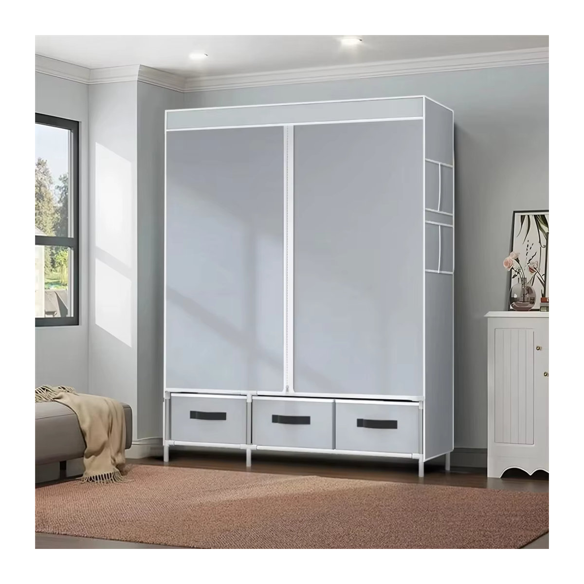 Tragbarer Stoff-Kleiderschrank aus Canvas mit Hängeregalen und Schubladen, Staubdicht, Schwarz oder Grau, Minimalistisches Design - Bild 5