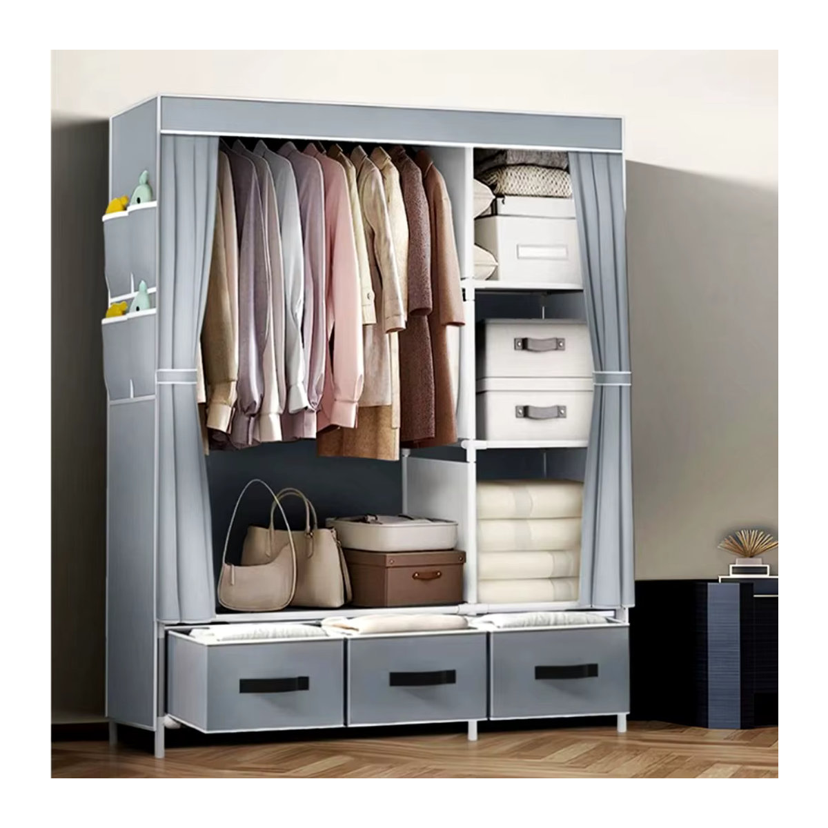 Tragbarer Stoff-Kleiderschrank in Grau mit Kleiderstange und drei Schubladen für dein Schlafzimmer - Bild 3