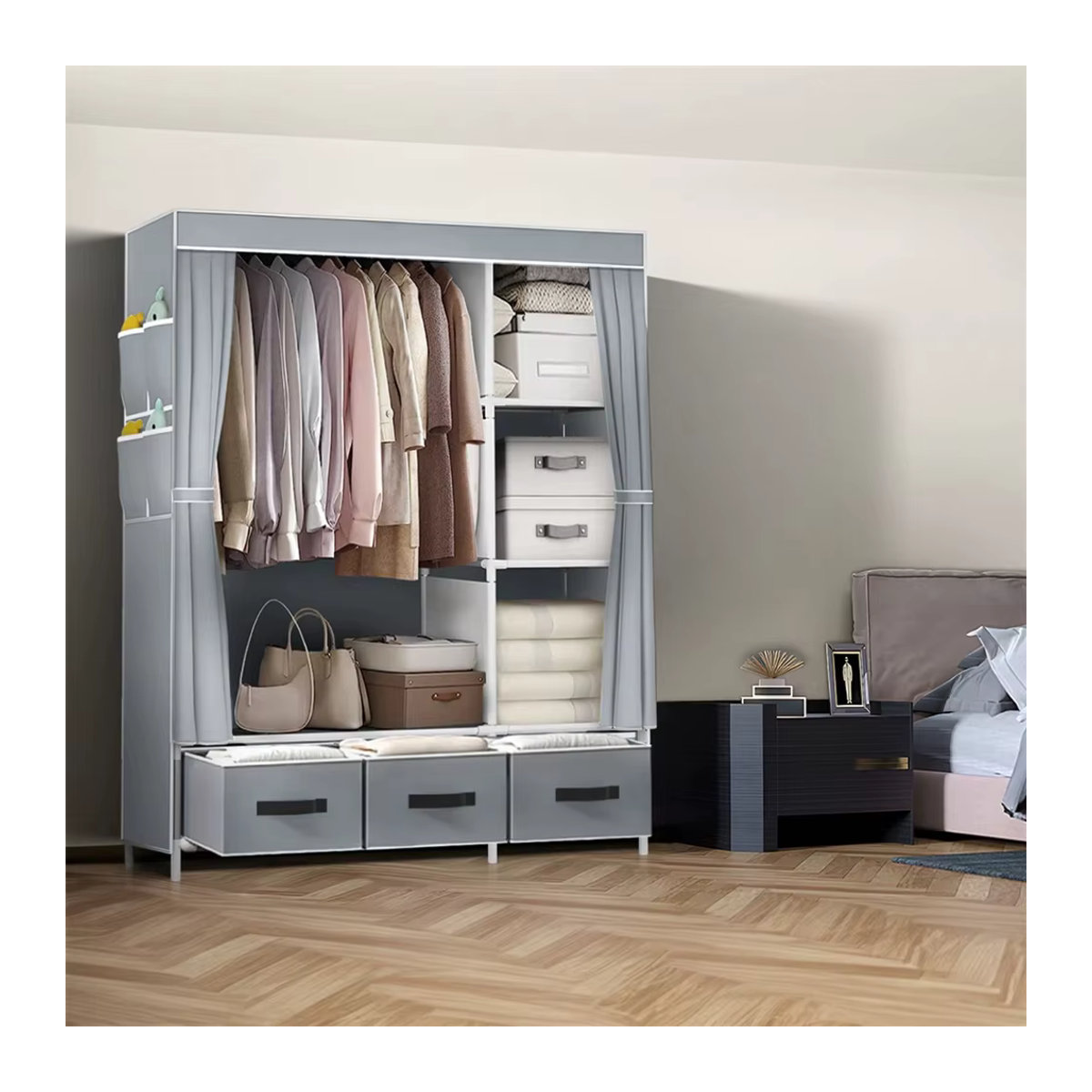 Tragbarer Stoff-Kleiderschrank in Grau mit Kleiderstange und drei Schubladen für dein Schlafzimmer - Bild 5