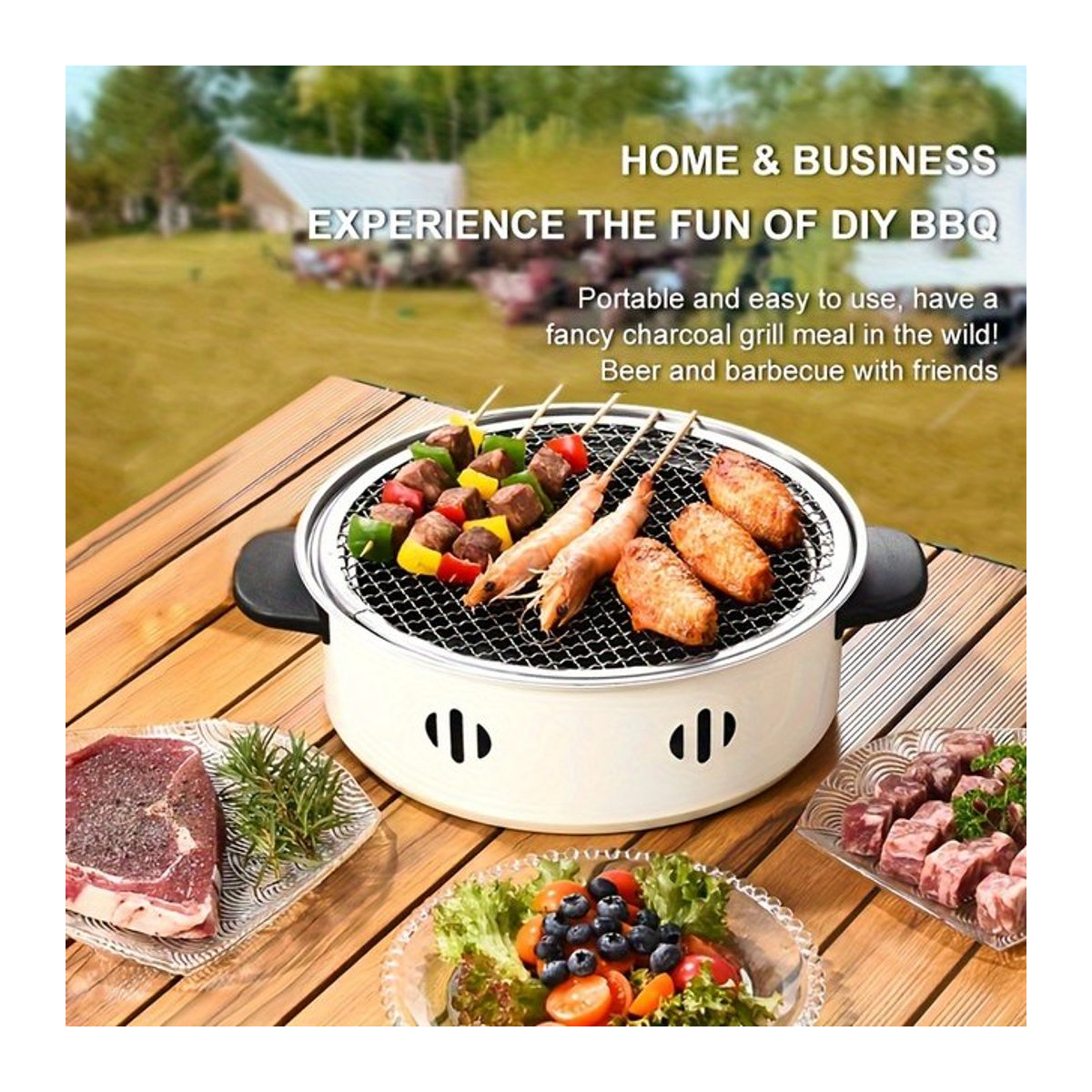 Tragbarer Tisch-Grillofen aus Edelstahl in Weiß mit Grillnetz für Camping und Outdoor-BBQ - Bild 1