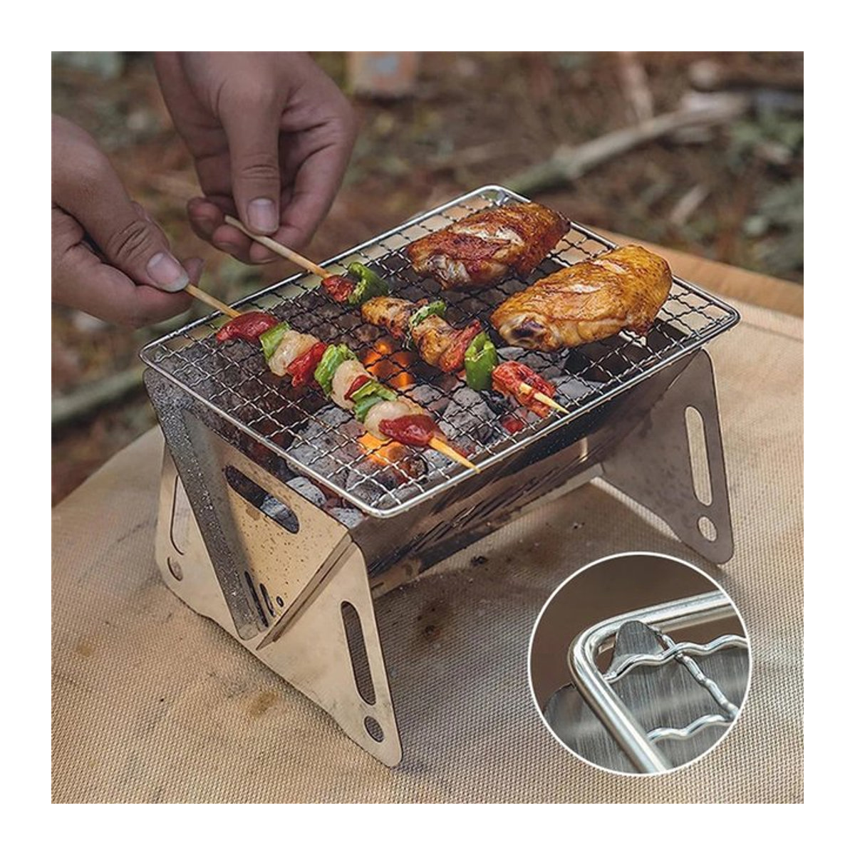Tragbarer und faltbarer Camping-Grill aus Edelstahl mit Grillrost für Holz und Brennholz - Bild 1