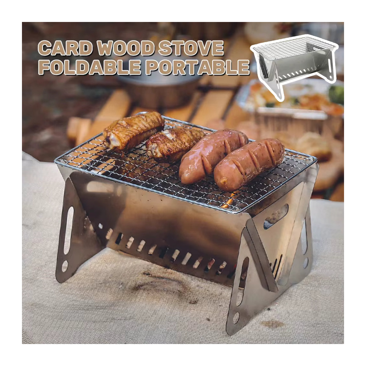 Tragbarer und faltbarer Camping-Grill aus Edelstahl mit Grillrost für Holz und Brennholz - Bild 2