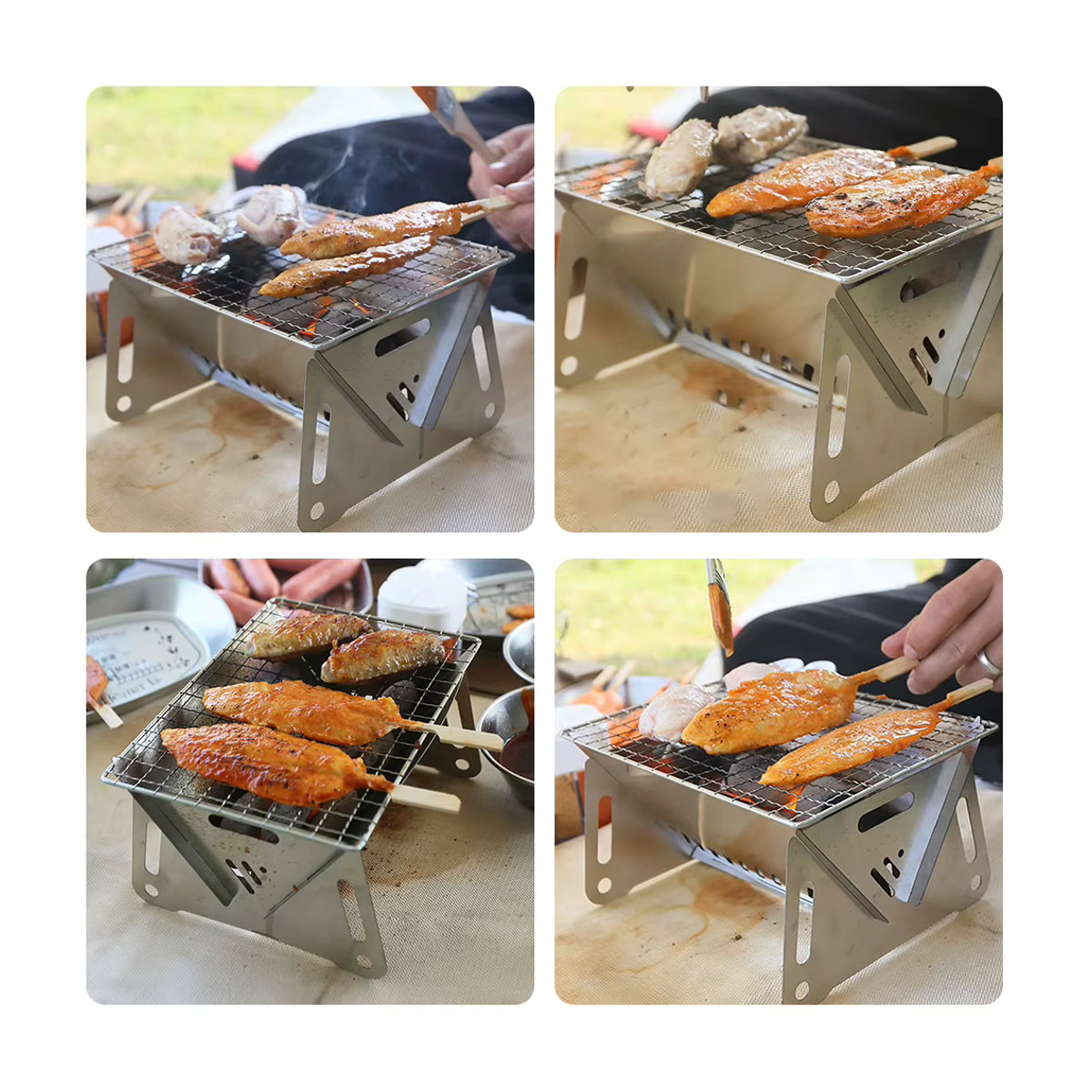 Tragbarer und faltbarer Camping-Grill aus Edelstahl mit Grillrost für Holz und Brennholz - Bild 4