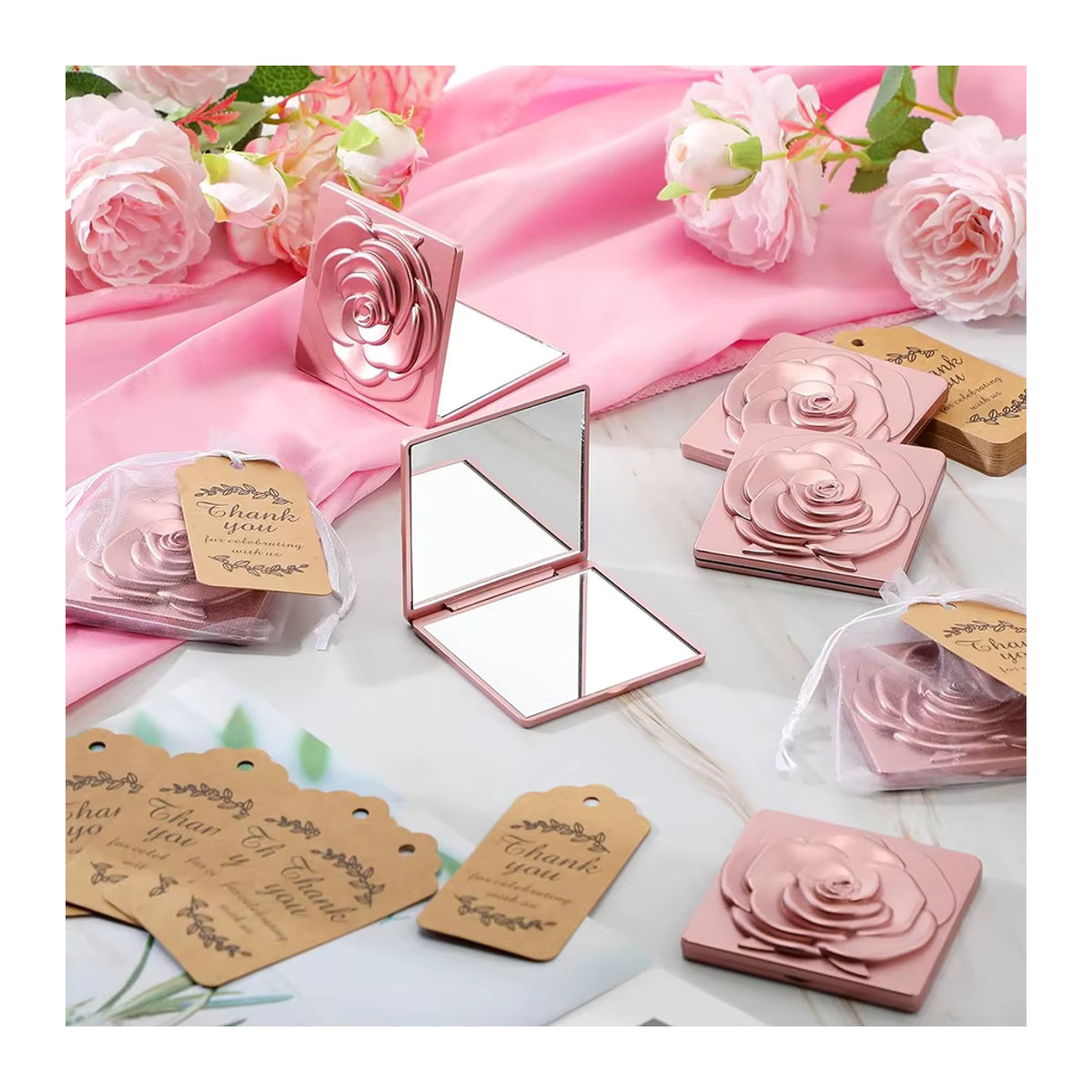 Tragbares Handheld Klappspiegel Set mit Aufbewahrungstasche in Rosa im minimalistischen Design, Durchmesser: 7 cm - Bild 2