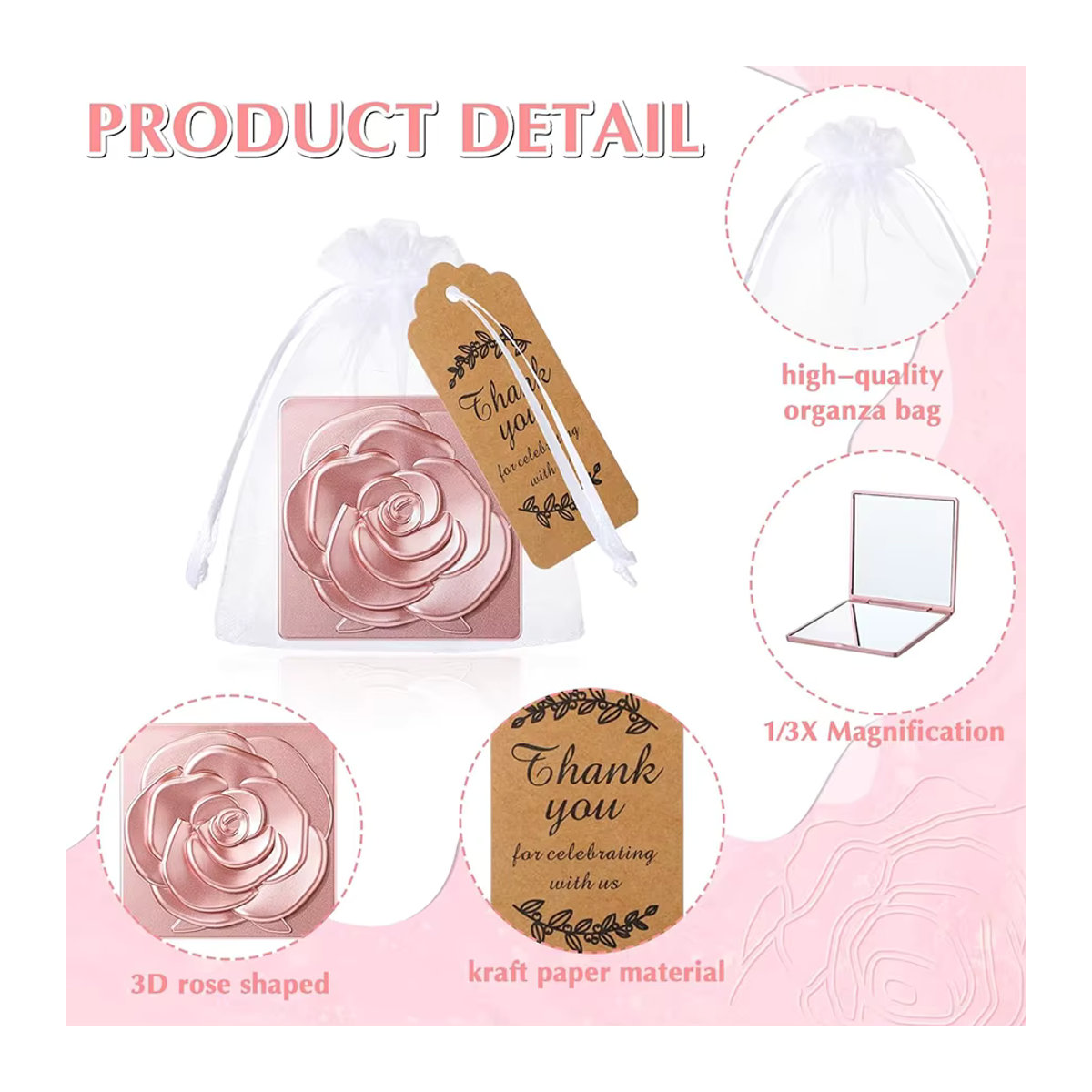 Tragbares Handheld Klappspiegel Set mit Aufbewahrungstasche in Rosa im minimalistischen Design, Durchmesser: 7 cm - Bild 3