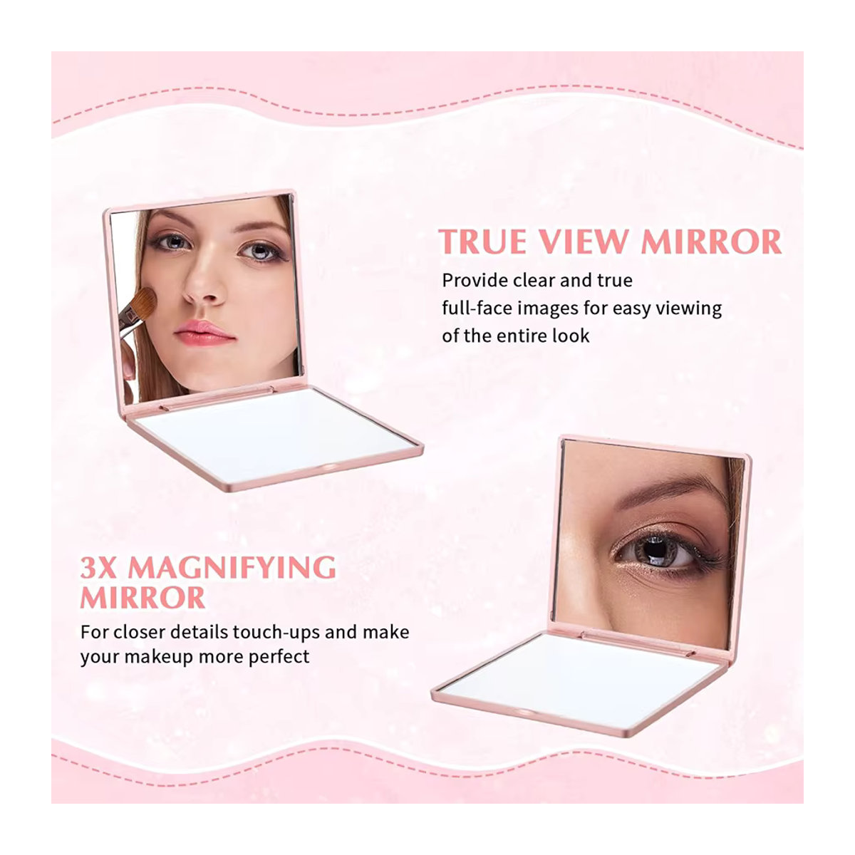Tragbares Handheld Klappspiegel Set mit Aufbewahrungstasche in Rosa im minimalistischen Design, Durchmesser: 7 cm - Bild 4
