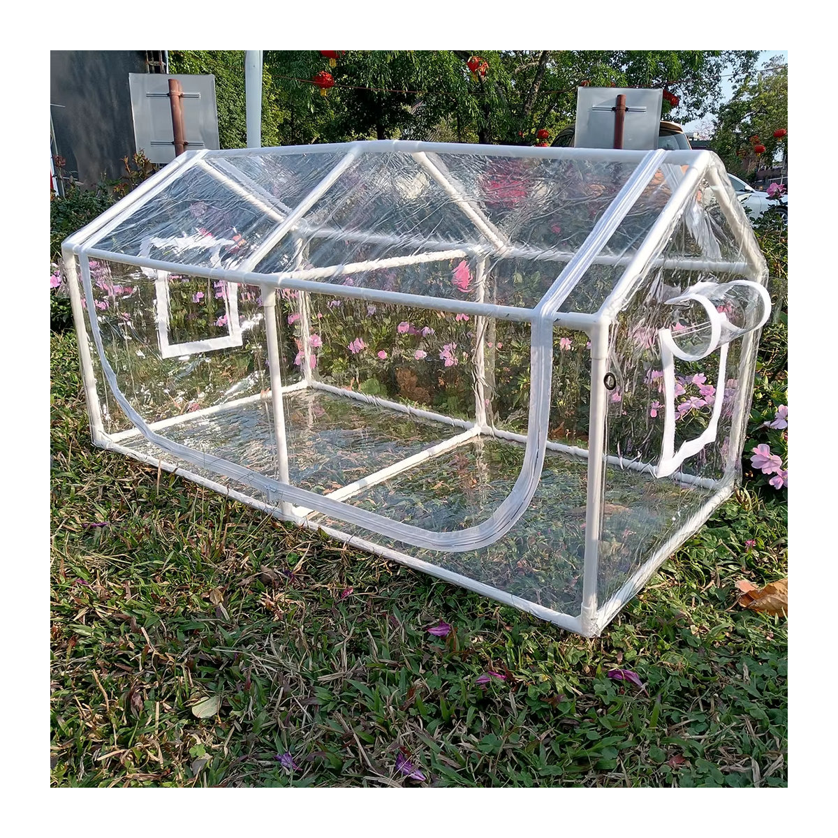Tragbares kleines Gewächshaus aus Polycarbonat für Gartenpflanzen auf Balkon und Terrasse in Grün und Weiß - Bild 1
