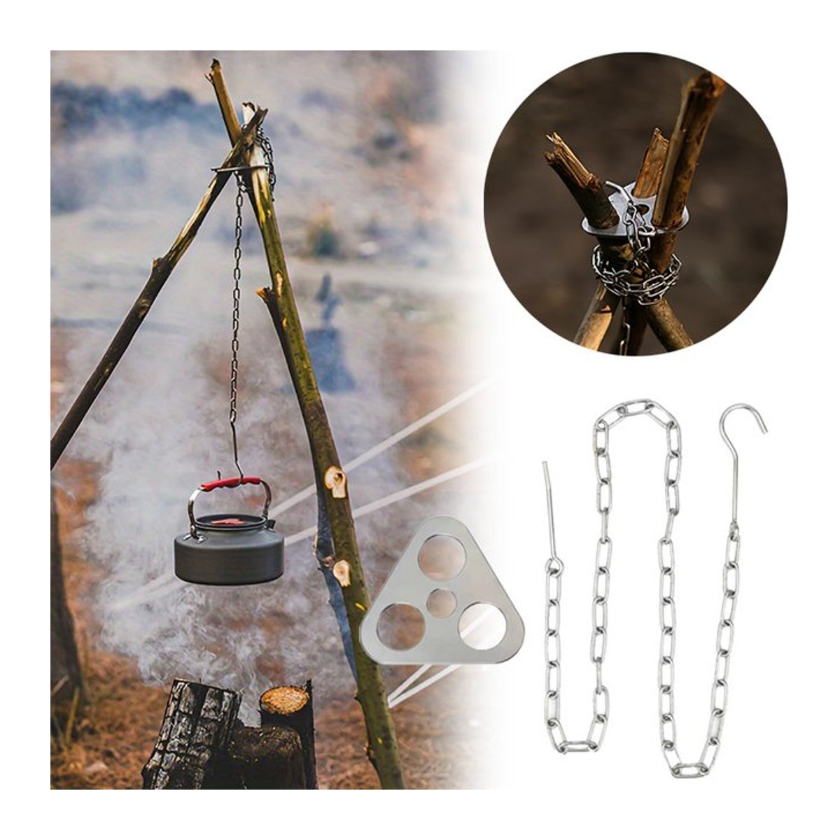 Tragbares und abnehmbares Outdoor Grill Stativ aus Edelstahl für Camping und Lagerfeuer mit Topf-Hängevorrichtung und Dreieck-Ständer Set - Bild 1