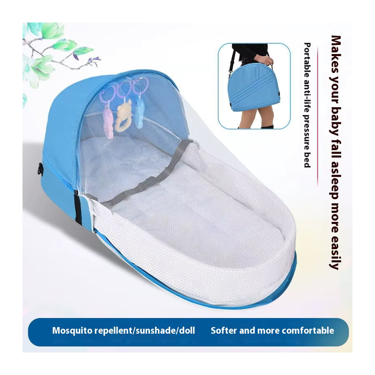Tragbares und zusammenklappbares Anti-Druck-Babybett für Neugeborene in Grau oder Blau mit Mesh-Einsatz - Bild 2