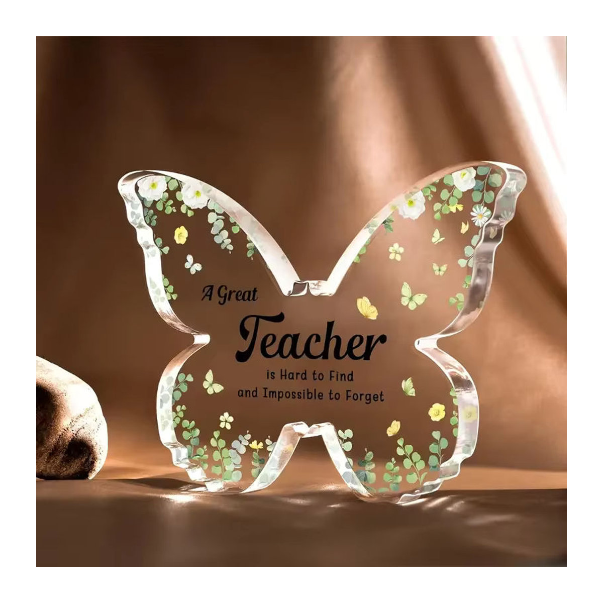 Transparente Acryl-Schmetterlingsfigur als Lehrergeschenk mit floralem Design und Spruch - Bild 3