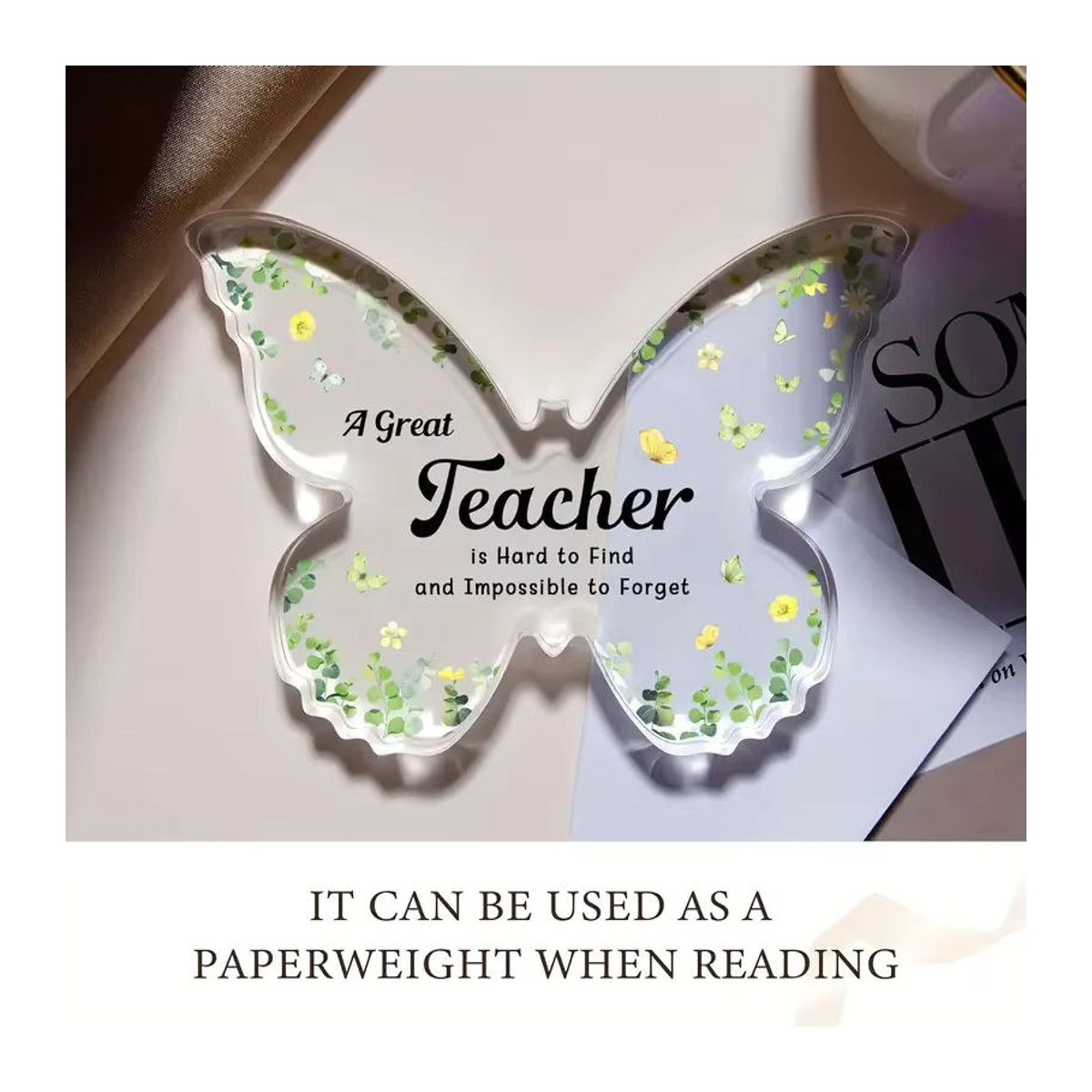 Transparente Acryl-Schmetterlingsfigur als Lehrergeschenk mit floralem Design und Spruch - Bild 4
