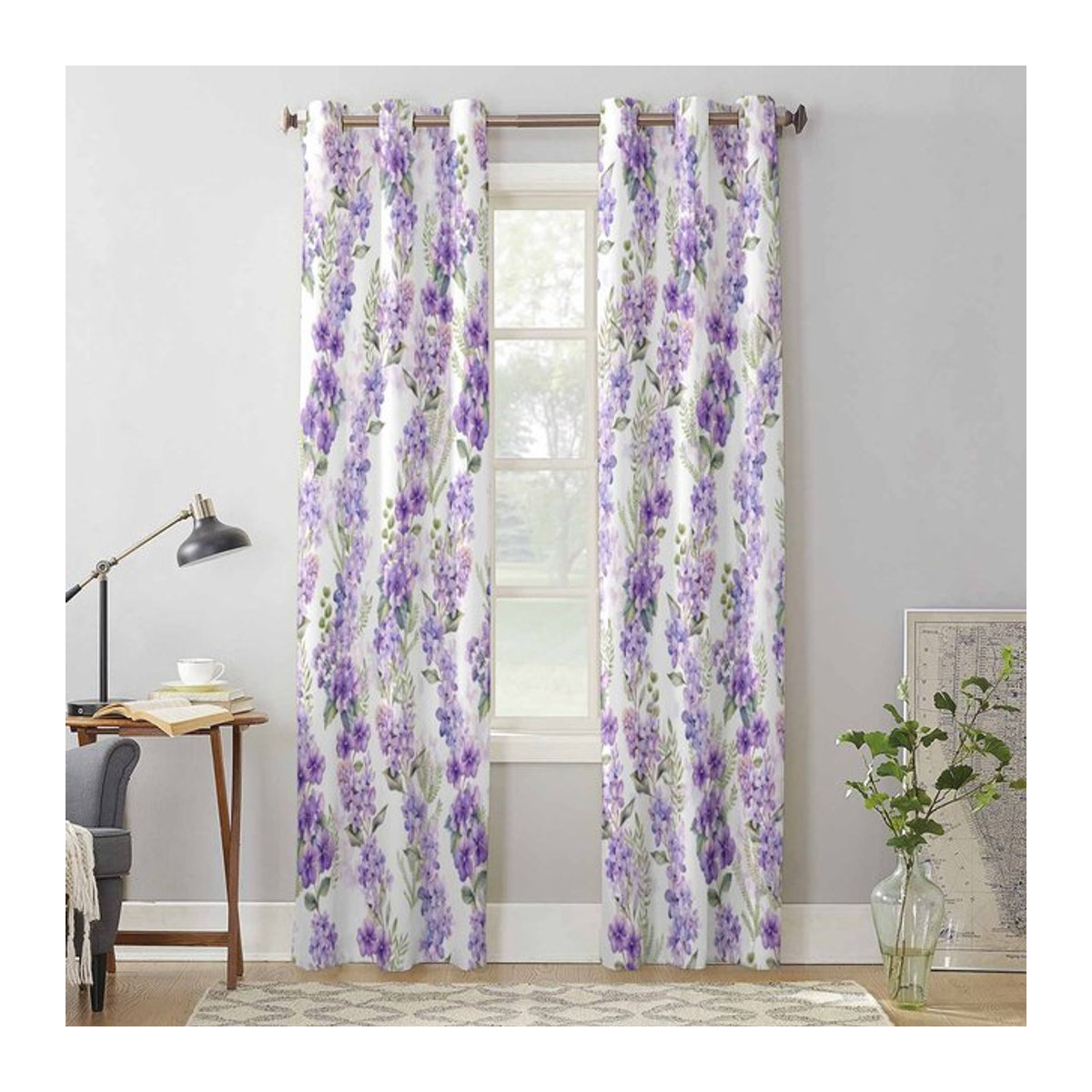 Transparente Fenstergardine mit Glyzinienblüten und Blättern im Aquarell-Design, Farbe Lila, B: 135 cm, H: 60 cm - Bild 1