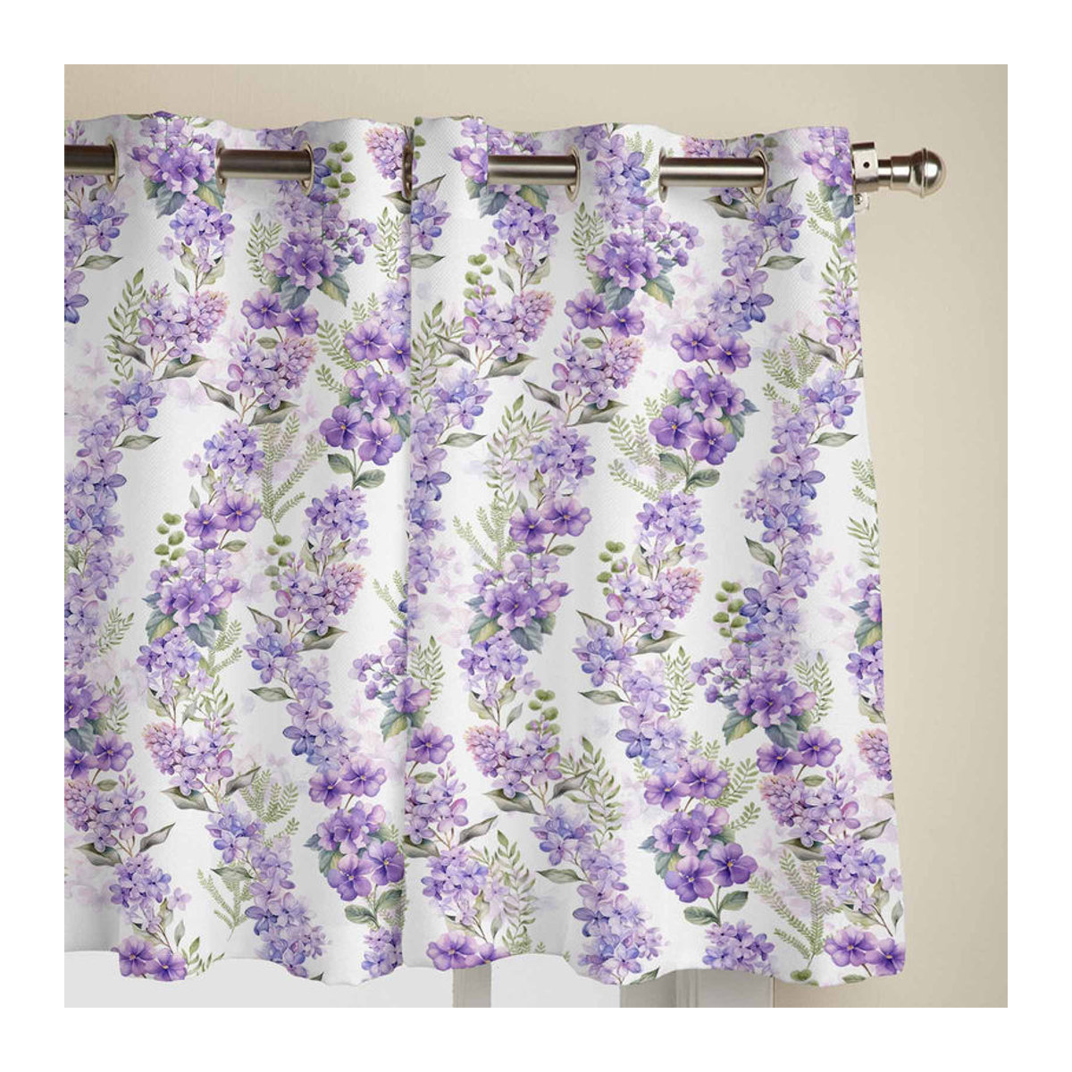 Transparente Fenstergardine mit Glyzinienblüten und Blättern im Aquarell-Design, Farbe Lila, B: 135 cm, H: 60 cm - Bild 2