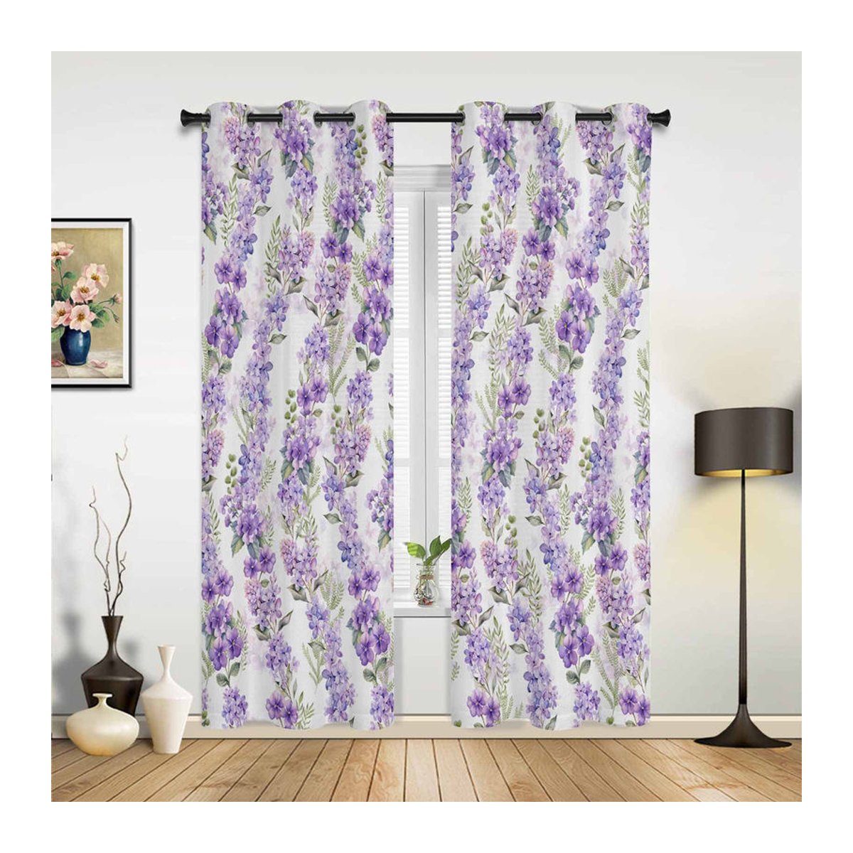 Transparente Fenstergardine mit Glyzinienblüten und Blättern im Aquarell-Design, Farbe Lila, B: 135 cm, H: 60 cm - Bild 3
