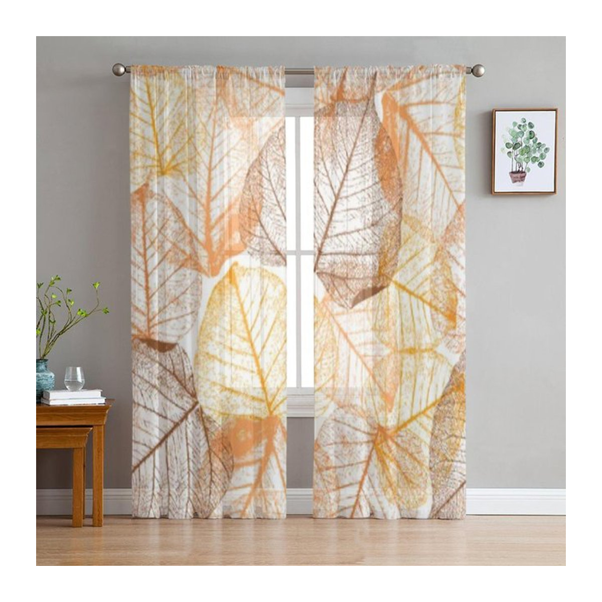 Transparente Fenstervorhänge mit floralem Blättermuster von Binchi Outdoor Equipment aus Chiffon und Organza, mehrfarbig, B: 135 cm, H: 114 cm - Bild 1