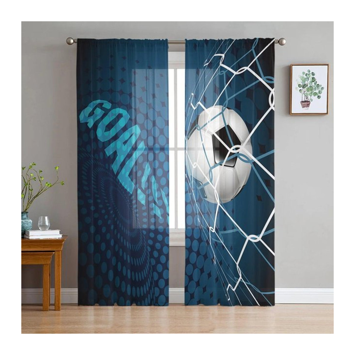 Transparente Fußball-Tüllvorhänge von A Family Of Home Textiles in Blau für Wohnzimmer und Schlafzimmer, B: 135 cm, H: 114 cm - Bild 1