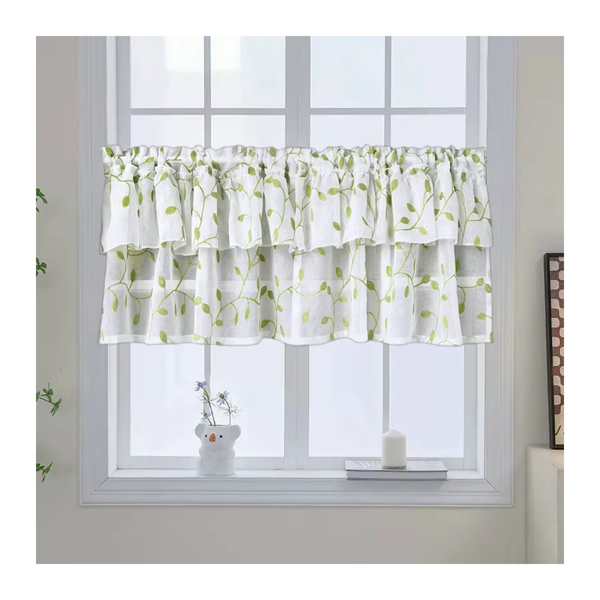 Transparente Gaze-Vorhänge mit grüner Blattbestickung, kurze Tüll-Fensterpaneele für Küche und Wohnzimmer in Weiß und Grün - Bild 2