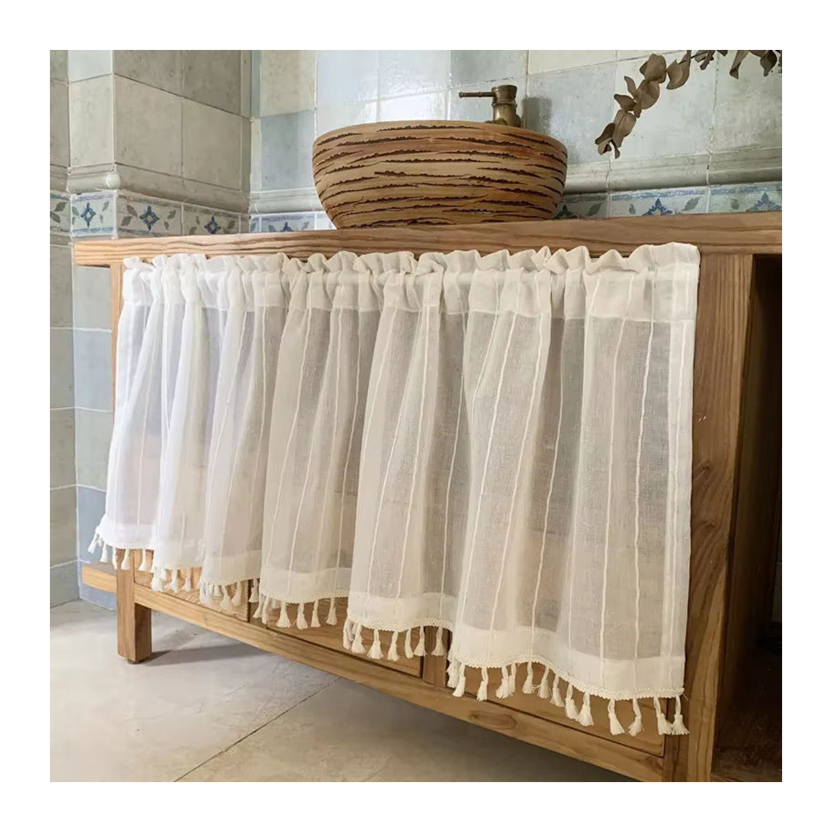 Transparente Kurzvorhänge mit Quasten für Schränke und Fenster, Café-Vorhang für Küche, Badezimmer und Wohnzimmer - Bild 2