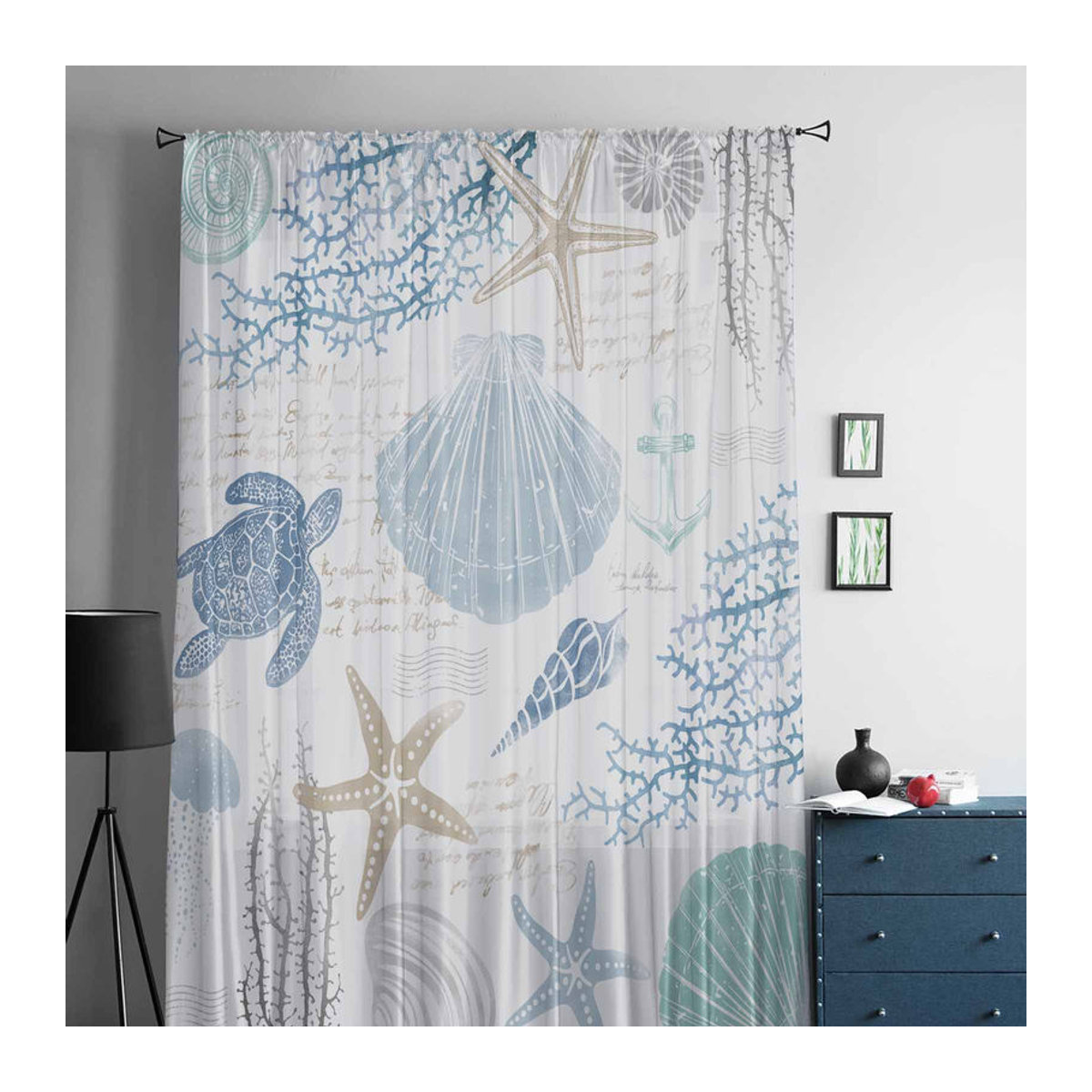 Transparente Tüll-Vorhänge Super Six mit Marine-Motiven in Blau, Breite: 135 cm, Höhe: 160 cm - Bild 2