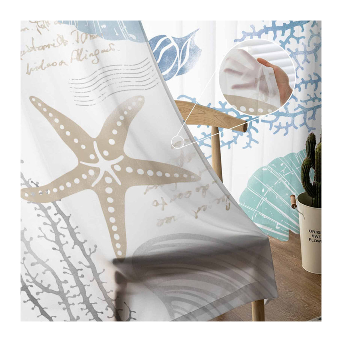 Transparente Tüll-Vorhänge Super Six mit Marine-Motiven in Blau, Breite: 135 cm, Höhe: 160 cm - Bild 3