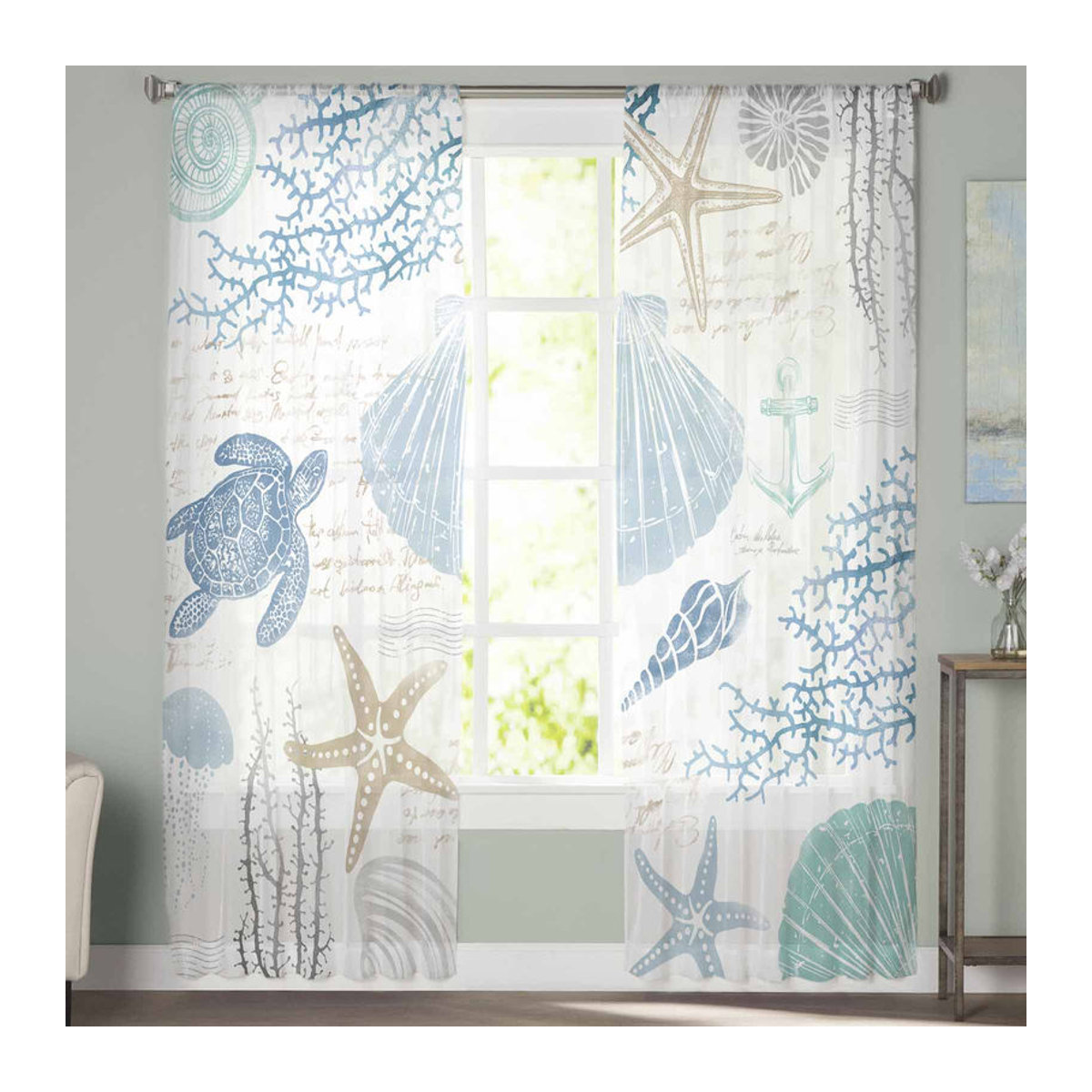 Transparente Tüll-Vorhänge Super Six mit Marine-Motiven in Blau, Breite: 135 cm, Höhe: 160 cm - Bild 4