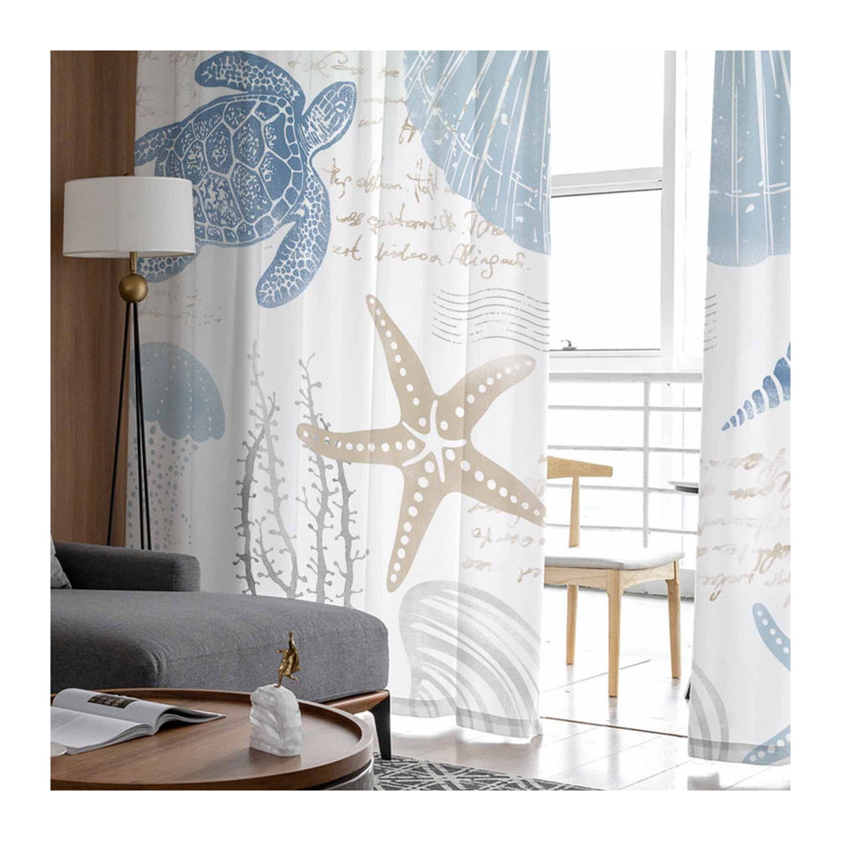 Transparente Tüll-Vorhänge Super Six mit Marine-Motiven in Blau, Breite: 135 cm, Höhe: 160 cm - Bild 5